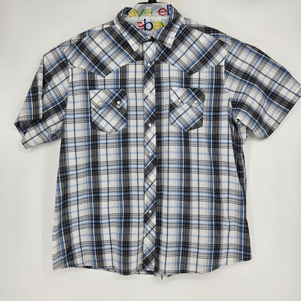 Wrangler Shirt Mens XXL Western Blue Plaid Pearl Snap Short Sleeve Rodeo